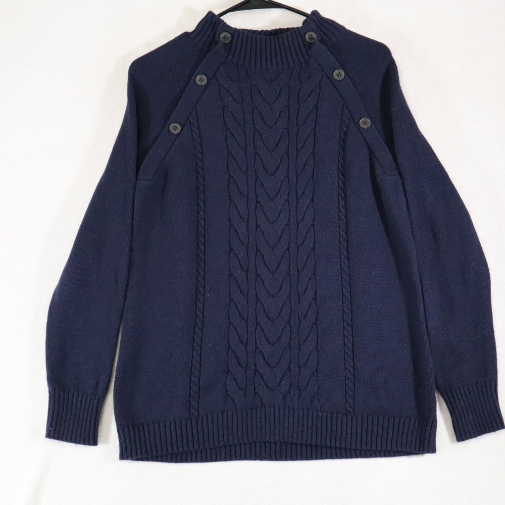 Talbots Women's S Navy Cable Knit Sweater Button Shoulder Pullover Classic Knit